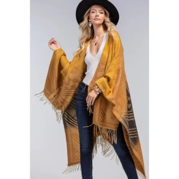 Tuscan Animal Print Color Block Knit Ruana Tassel Fall Winter Casual Wrap - Picture 1 of 7